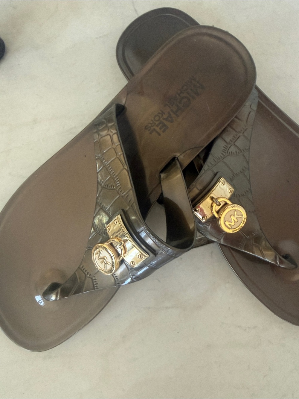 MICHAEL KORS Brown Jelly Logo Thong Sandals with Gold MK Hardware